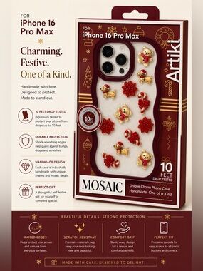 Artiki Mosaic Charm Case for iPhone 16 Pro Max - Red and Gold